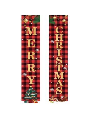 Christmas Banner Decor Porch Sign, Porch Banner Happy New Year Plaid Signs